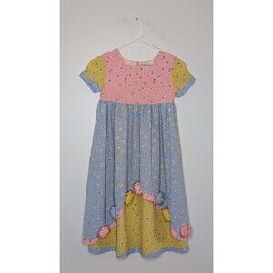 Girls Size 7 Floral Dress JM Originals Pink Blue Yellow Cottagecore Short Sleeve